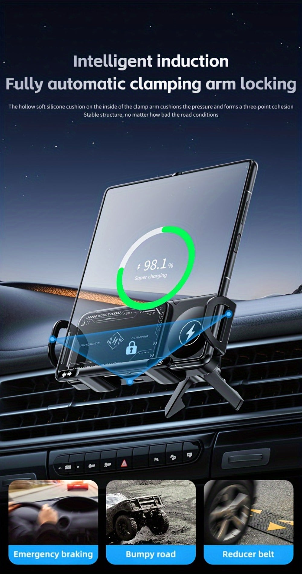 Car Wireless Charger Mount for Samsung Galaxy Z Fold 15W Auto-Clamping Fast Charging Holder – 360° Rotating Ball Joint, Air Vent & Center Console Mount, Super Capacitor Power-Off Delay | All Qi Phones