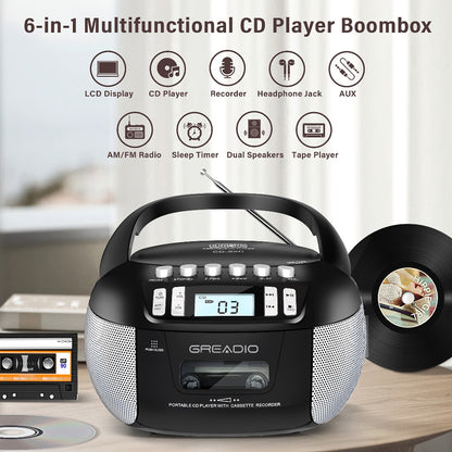 CD and Cassette Player Combo Boombox Portable AM FM Radio Tape Recording Stereo Sound AC DC Powered AUX Headphone Jack Sleep Timer for Home Seniors