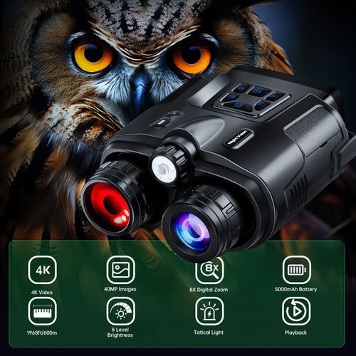 Night Vision Binoculars 4K Digital Infrared, 8x Digital Zoom 5x Optical Zoom, 5000mAh Battery, 3-inch HD Display, 64GB Card, Tactical Flashlight, for Hunting Wildlife Surveillance Outdoor