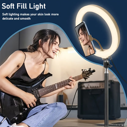Desk Stand Ring Light 10/18 Inch LED Phone Fill Light 3 Color Temperatures Dimmable for Live Streaming Video Shooting Selfie Makeup Photography TikTok YouTube