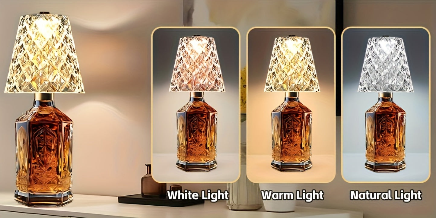 Rechargeable LED Bottle Table Lamp 2 Pack - Crystal Acrylic Wine Bottle Design, 2000mAh Cordless, 3 Color Modes, Ambient Night Light for Bedroom, Dining Table, Bar & Home Decor
