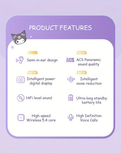 Sanrio Hello Kitty Kuromi Cinnamoroll Bluetooth Earbuds Cute Wireless Earphones 3 Styles Power Display Gaming Earbuds Easy to Carry for Daily Exercise Study Outdoor Holiday Birthday Gift