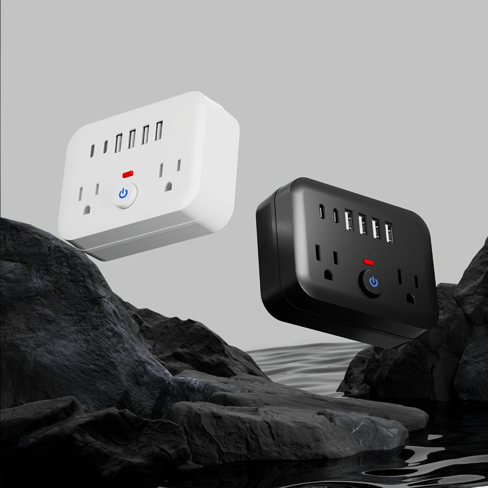 Compact Travel Surge Protector Power Strip 8-in-1 with 2 AC Outlets 4 USB-A Ports 2 USB-C Jacks Overload Protection Wall Mount Mini Portable Charging Station for Home Office Travel – Black or White