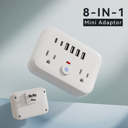 Compact Travel Surge Protector Power Strip 8-in-1 with 2 AC Outlets 4 USB-A Ports 2 USB-C Jacks Overload Protection Wall Mount Mini Portable Charging Station for Home Office Travel – Black or White