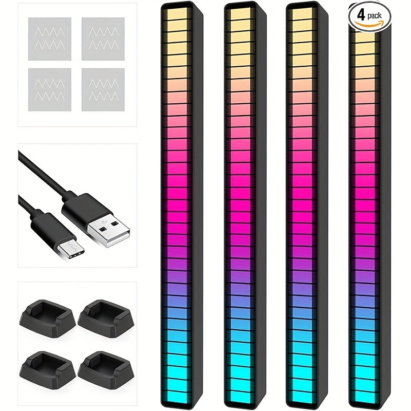 Sound Activated RGB Ambient Light Bars 2/4 Pack – Music Rhythm Sync USB Plug & Play, Color Changing Atmosphere Lights for Gaming Room, Car Interior, Streaming Studio, TikTok & Desk Setup
