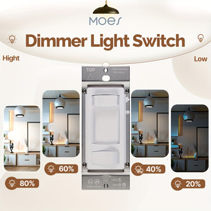 MOES Slide Dimmer Light Switch 3-Way & Single Pole No Neutral Wire – 600W Max, Compatible with LED CFL Incandescent Halogen, On/Off Dimming Control, Bedroom Hallway Living Room, Black & White (2/6-Pack)