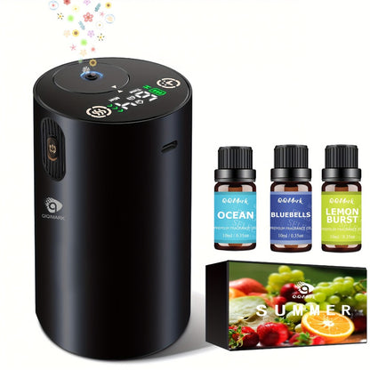 Waterless Essential Oil Diffuser Nebulizer – 4 Mist Levels, 1/2/3/4/6H Timer, Auto-Off, Battery Operated Mini Scent Machine for Home Car Bedroom Hotel, Essential Oil Bundles (Silver & Black)