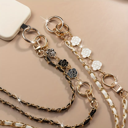 Crossbody Phone Strap Long Chain Pearl Camellia Metal Charm Elegant Lanyard for Women Girls – Clip-On Universal Fit iPhone Samsung Black White 2-5pcs Gift Set