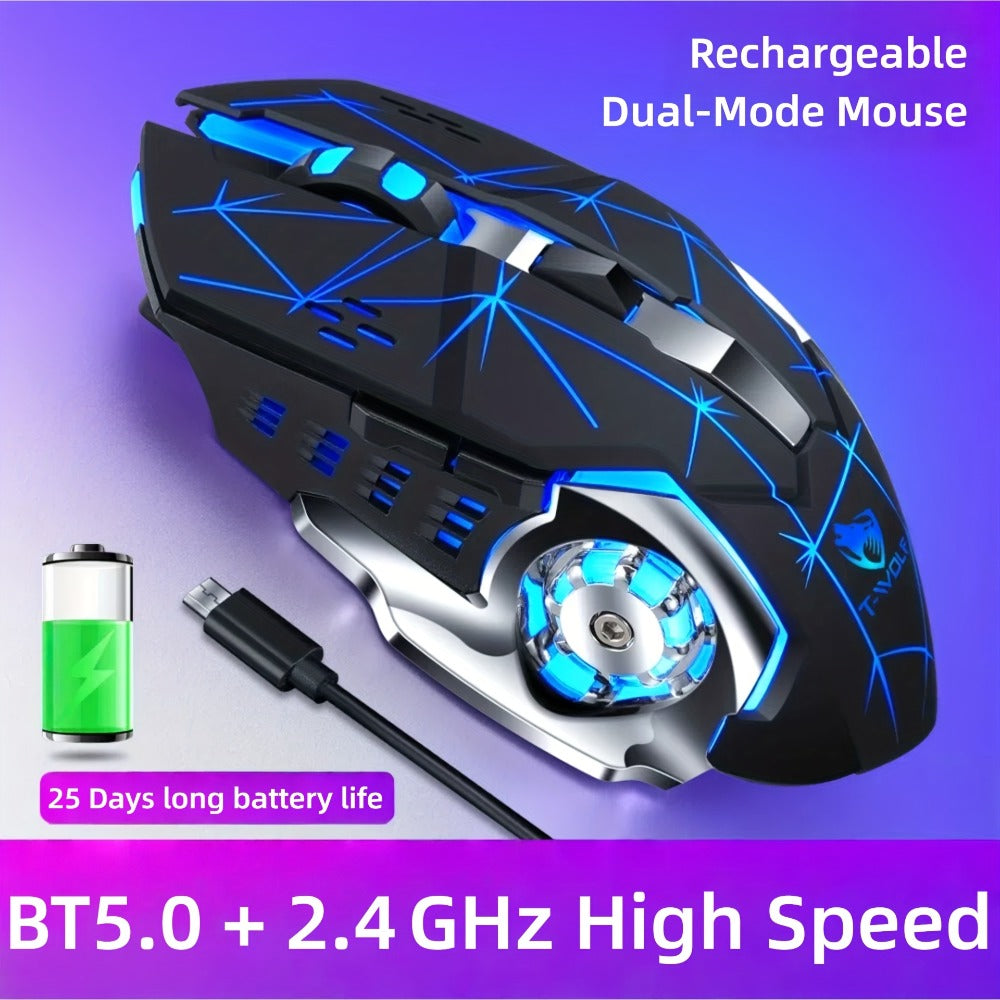 Ergonomic Silent Wireless Mouse T-WOLF Rechargeable Dual-Mode BT5.0 & 2.4G – Full-Size RGB Comfort Mouse for Work Study Gaming, Aesthetic Desk Setup, Back to School Gift for PC Laptop Mac