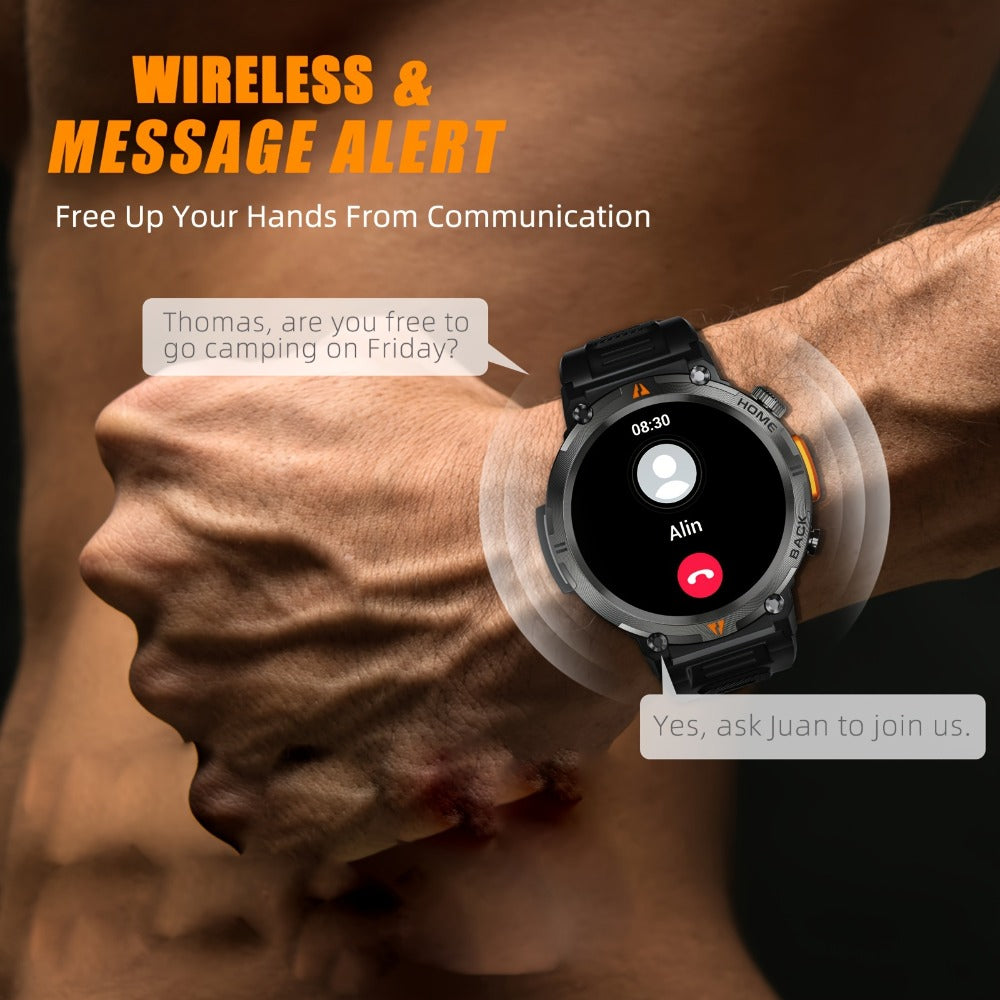 Tactical Smartwatch for Men LED Lighting 1.45 Inch 97% Screen Ratio Bluetooth 5.2 Wireless Calling Outdoor Fitness Tracker Heart Rate Blood Oxygen Sleep Pedometer iPhone Android Silicone Leather Strap Black Orange