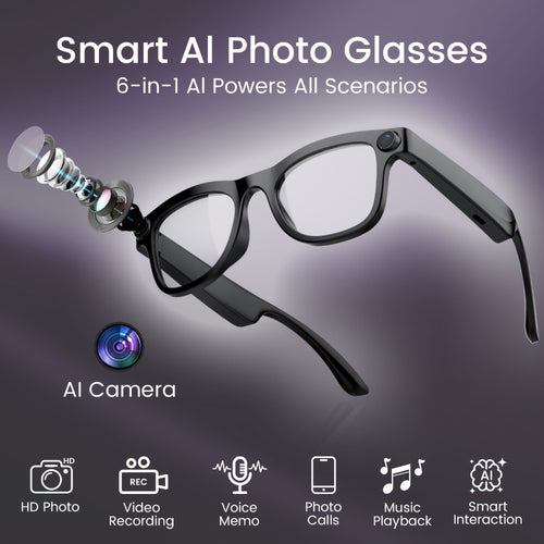 AI Smart Glasses Real-Time Voice Translation 100+ Languages - 2MP HD Camera, Bluetooth Calling & Music, Hands-Free Recording, Black & Clear Lens, Wearable Tech
