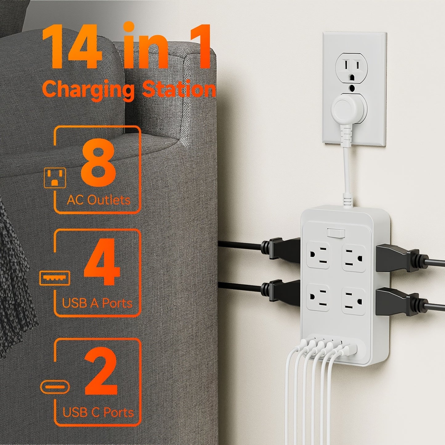 One-Touch Switch Desk Charging Station 14-in-1, 8 Widely Distributed AC Outlets & 6 USB Ports (4 USB-A + 2 USB-C), Surge Protection, Compact Portable Power Strip for Home Office Desktop – Safe & Organized