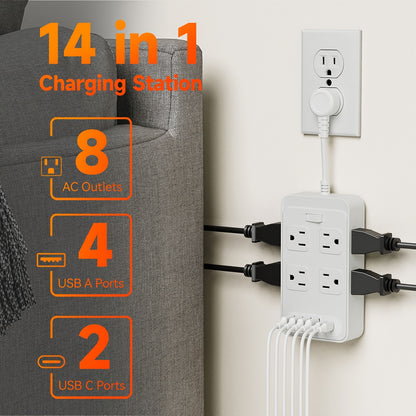 One-Touch Switch Desk Charging Station 14-in-1, 8 Widely Distributed AC Outlets & 6 USB Ports (4 USB-A + 2 USB-C), Surge Protection, Compact Portable Power Strip for Home Office Desktop – Safe & Organized