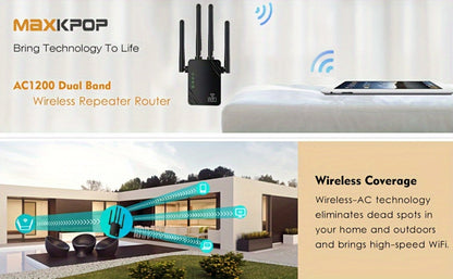 10000 Sq Ft WiFi Extender 1200Mbps 4-Mode - Dual Band 2.4GHz & 5GHz, 4 Antennas 360° Coverage, 6X Signal Boost, Penetrates Walls, 35 Devices, Repeater Access Point Router WISP, 1-Tap Setup, Black
