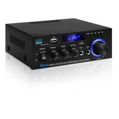 400W Bluetooth 5.0 Stereo Amplifier Receiver AK45, 2-Channel Home Audio Power Amp with Karaoke, FM Radio, USB MMC SD Card, Supports Passive Ceiling Speakers Garage Home Theater Speaker System