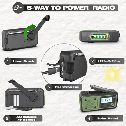 Hand Crank Emergency Weather Radio 5000mAh Solar Powered NOAA AM FM Portable Survival Radio with Flashlight SOS Alarm Reading Light Phone Charger Type-C for Hurricane Tornado Storm Preparedness Gift