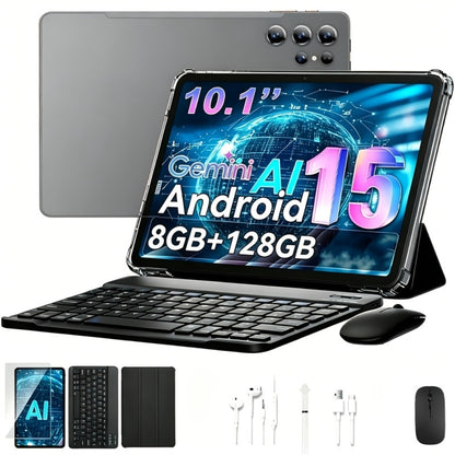 2-in-1 Tablet with Keyboard Android 15, 10.1 Inch 8GB RAM 128GB ROM 8000mAh Battery, 5G WiFi 16MP+5MP Dual Camera FHD IPS Display, Stylus Pen Included, Laptop Tablet PC for Work Study Entertainment – Black Pink Gold Gray Orange