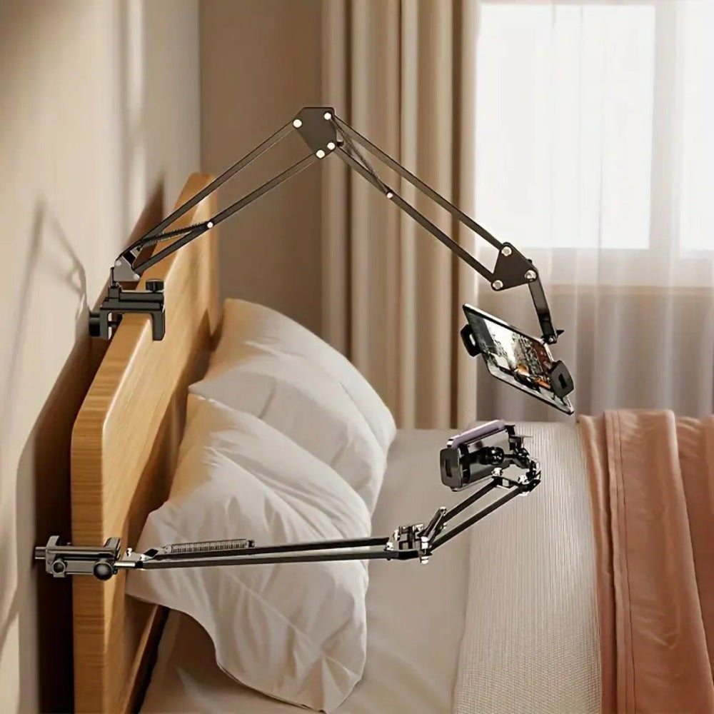 Adjustable Tablet Stand with Long Arm & Rotating Holder – Mechanical Cantilever Clamp Base Desk Mount for iPad, iPhone, Smartphone, Bedside & Office Use, 360° Flexible Phone Cradle
