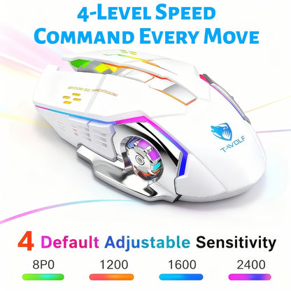 Ergonomic Silent Wireless Mouse T-WOLF Rechargeable Dual-Mode BT5.0 & 2.4G – Full-Size RGB Comfort Mouse for Work Study Gaming, Aesthetic Desk Setup, Back to School Gift for PC Laptop Mac
