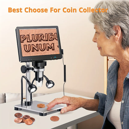 DM9 7-Inch LCD Digital Microscope 1200X 1080P 12MP | 10 Adjustable LED Lights, Super Precise Focus Welding & Coin Microscope for Adults, PC Compatible, STEM Science Gift for Men