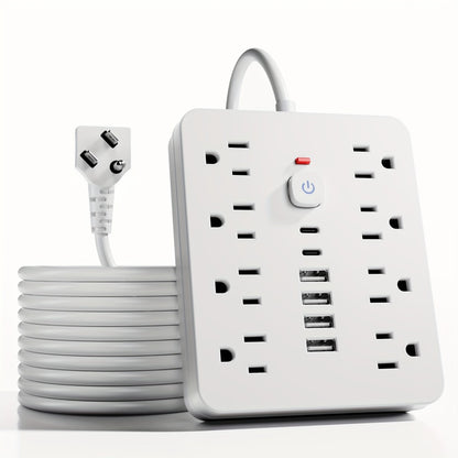 14-in-1 Wall-Mountable Power Strip with Surge Protector – 8 AC Outlets & 6 USB Ports (2 USB-C), Flat Plug Space-Saving Extension Cord, Overload Protection for Home School Office, 5ft or 10ft
