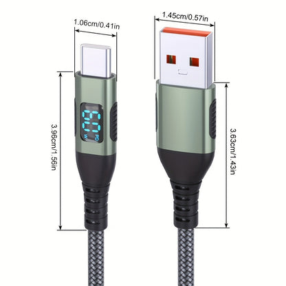 USB-A to USB-C Cable with LED Digital Display, 3A Fast Charging & 480Mbps Data Sync, Nylon Braided Anti-Overheat, for iPhone 15 Samsung Galaxy LG Android – Green (1pc/2pcs)