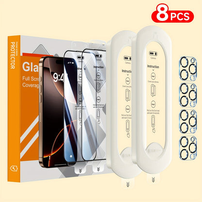 9H Tempered Glass Screen Protector for iPhone 8-Pack with Alignment Tool – 4 Screen + 4 Camera Lens, HD Clear, Bubble-Free, Case Compatible, iPhone 16 Pro Max / 15 / 14 / 13 / 12 / 11 Series