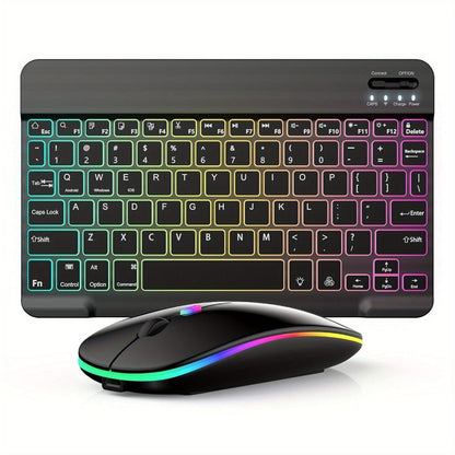 Wireless RGB Backlit Gaming Keyboard and Mouse Combo with Mouse Pad – 10-Inch Portable Keyboard Mouse Set for PC iOS Android Tablets | Rechargeable RGB Desk Setup Keyboard