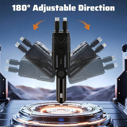 120W Fast Car Charger 4-in-1 with Retractable PD 3.0 Type-C Cable & Multi-Port USB Adapter – Short Circuit & Overheat Protection for iPhone Samsung Galaxy S25 Ultra Huawei Android, 4 Colors Available