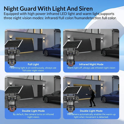 4K Solar Powered Outdoor Security Camera PTZ 360° Triple Lens Panoramic 10X Zoom 8000mAh Battery WiFi AI Human Detection Color Night Vision Two-Way Audio Driveway Farm