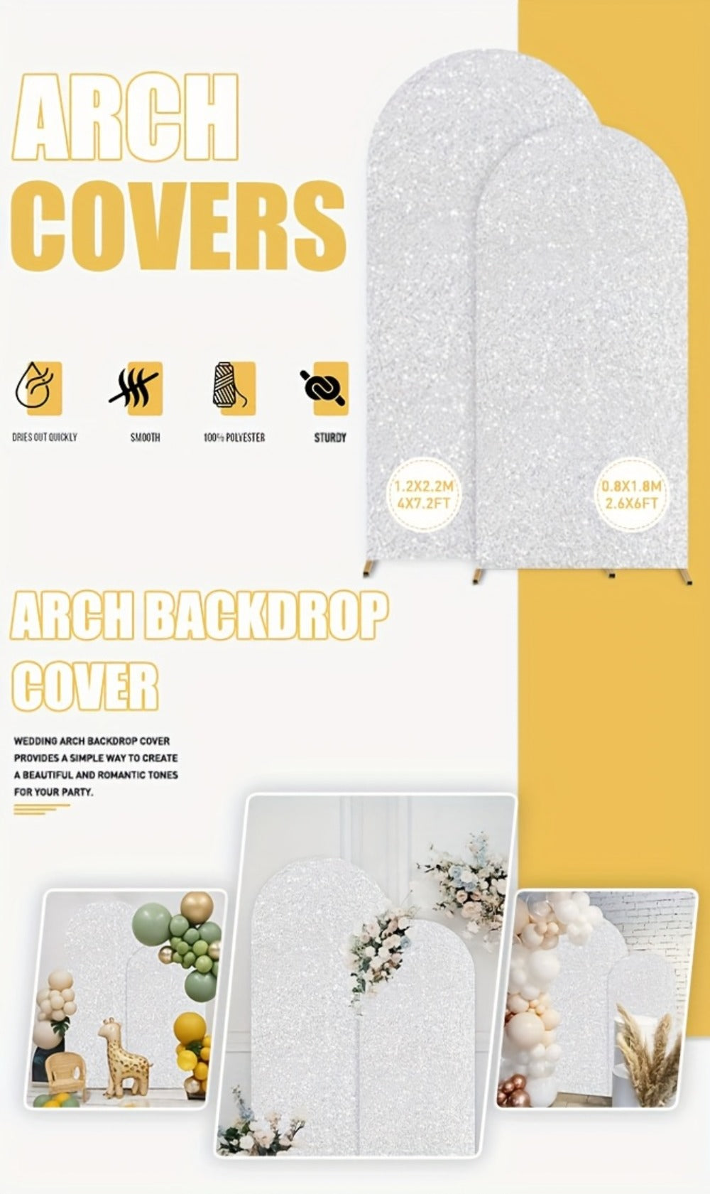 Glitter Sequin Arch Cover 2 Set 6Ft & 7.2Ft Metallic Spandex Payette Panel Wedding Arch Backdrop Cover for Wedding Ceremony, Birthday Party, Bridal Shower & Event Decoration