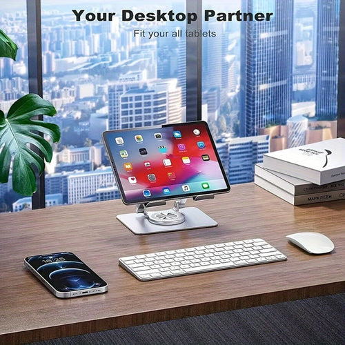 360° Rotating Foldable Tablet Stand for iPad & Phone, Adjustable Desktop Holder, Universal Compatibility – Black/Silver