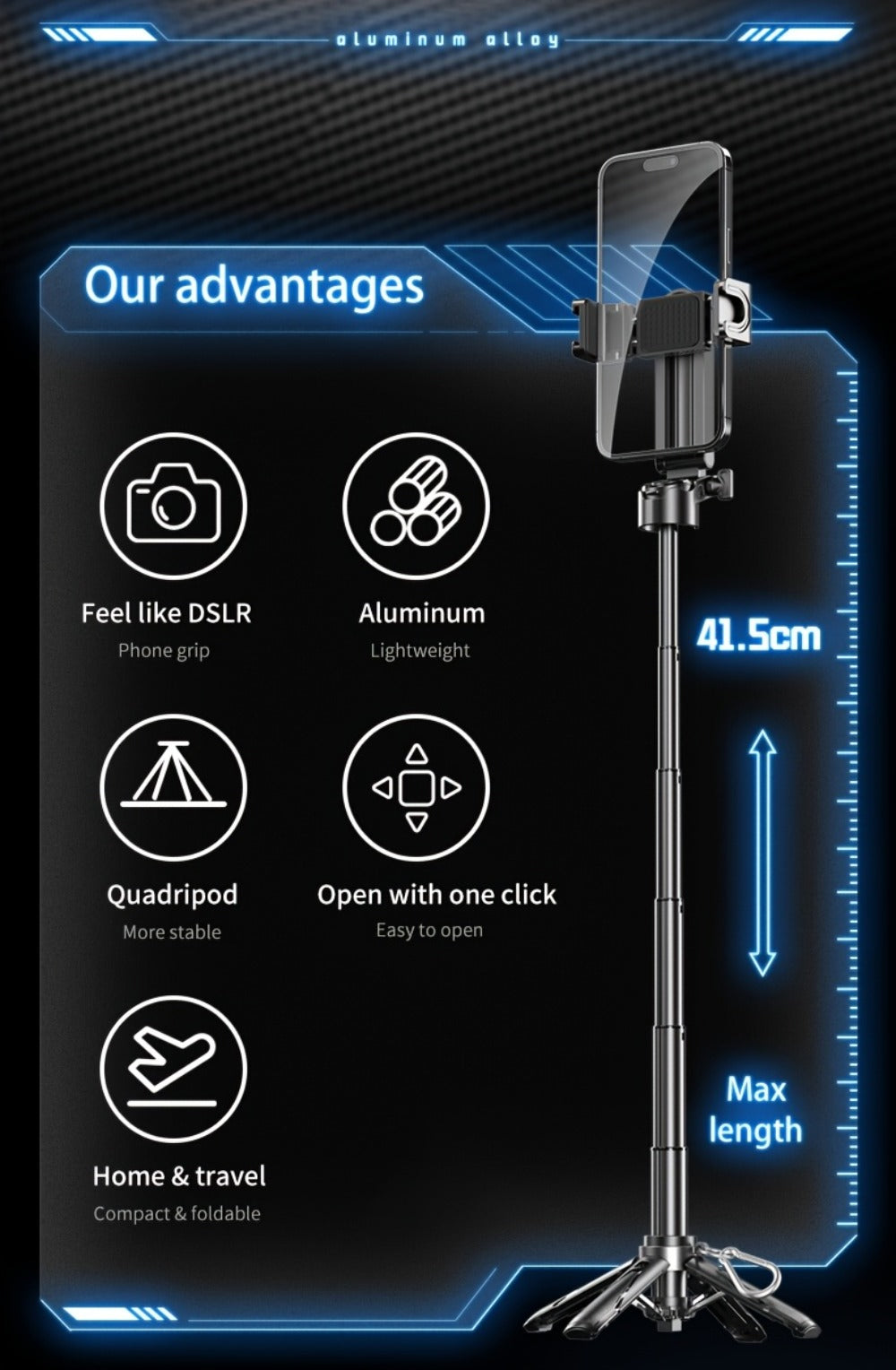 One-Click Release Selfie Stick Tripod 16 Inch Extendable with Wireless Bluetooth Remote & 360° Rotating Bracket – Lightweight Portable Phone Stand for iPhone Samsung Android Travel Vlog Concert