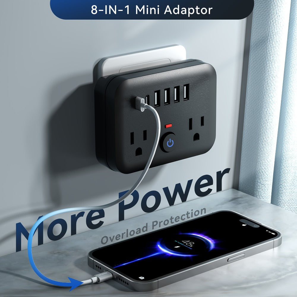 Compact Travel Surge Protector Power Strip 8-in-1 with 2 AC Outlets 4 USB-A Ports 2 USB-C Jacks Overload Protection Wall Mount Mini Portable Charging Station for Home Office Travel – Black or White