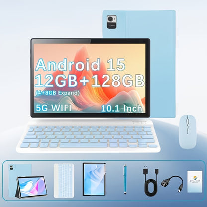 2-in-1 Tablet with Keyboard 10.1 Inch Android 15 12GB RAM 128GB ROM Quad-Core 5G WiFi GMS Certified Type-C 13MP Dual Camera Portable Tablet PC for Work Study – Blue & Gray