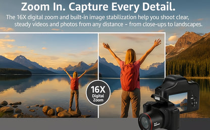 1080P Mini Vlog Camera for Beginners – 2.4" LCD, 16X Zoom, 9.88mm Wide Angle Lens, Easy-to-Use Compact Digital Camera, Travel Essential, Ideal Gift for Men Women Teens, Photography Camera