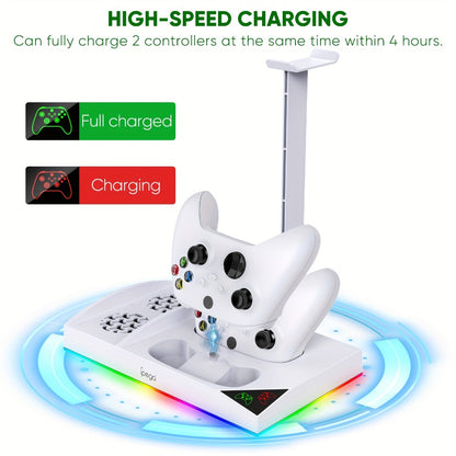 Xbox Series S Cooling Stand RGB with 15 Colorful Lights, Dual Controller Charging Station & Cooler Base – Includes 2x 1400mAh Rechargeable Batteries, Upgraded Fan Cooler for Xbox Series S Console