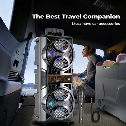 1200W PA Bluetooth Speaker with Wired Microphone & LED Lights – Portable Rechargeable Wireless Speaker, Supports AUX, USB & FM Radio, Ideal for Parties, Outdoor Events & Holiday Gifts