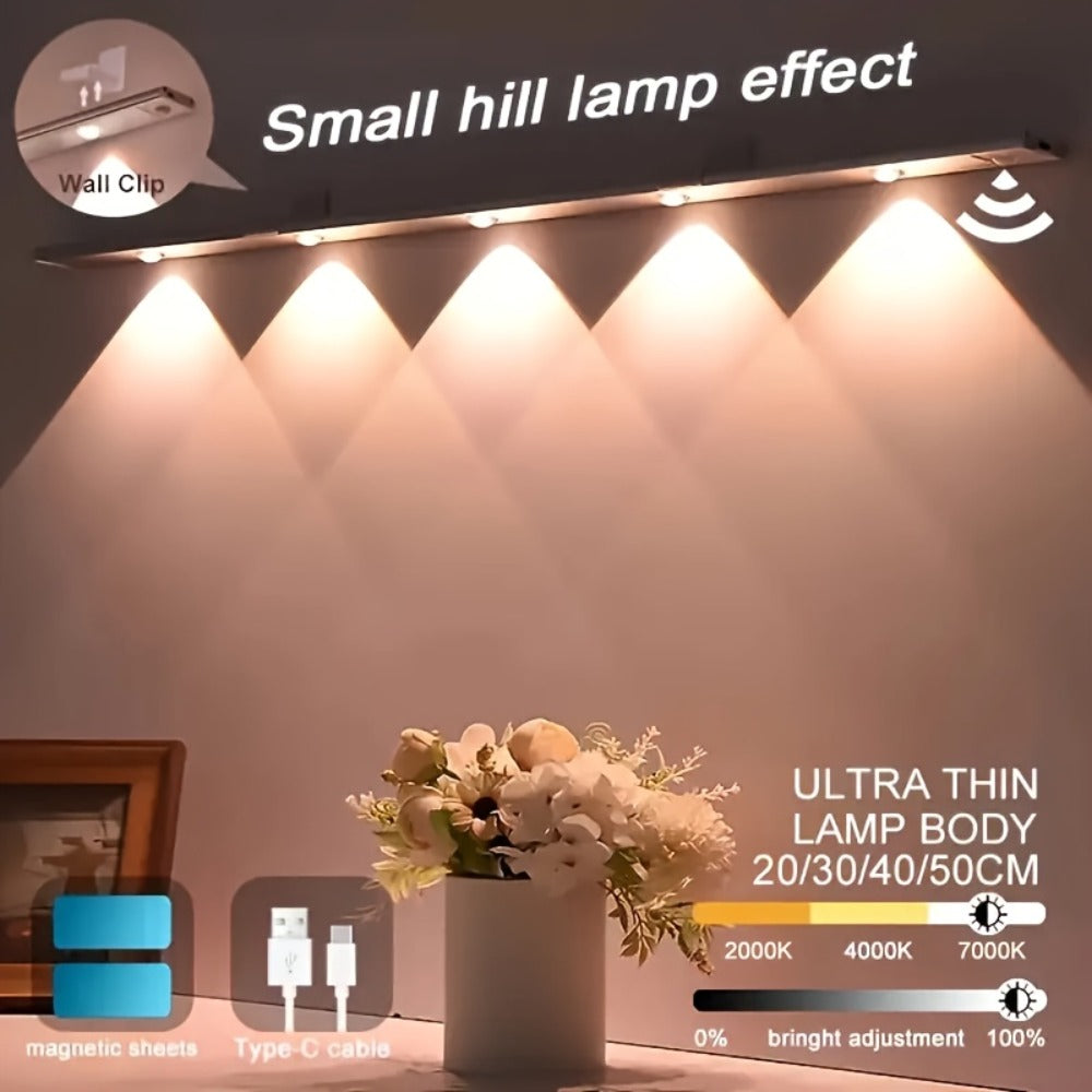 Motion Sensor Cabinet LED Strip Light USB Rechargeable 1400mAh - 3 Color Dimmable Wireless PIR Auto On Off 4 Sizes for Kitchen Wardrobe Wine Cabinet Shoe Cabinet Closet Bedroom Night Light