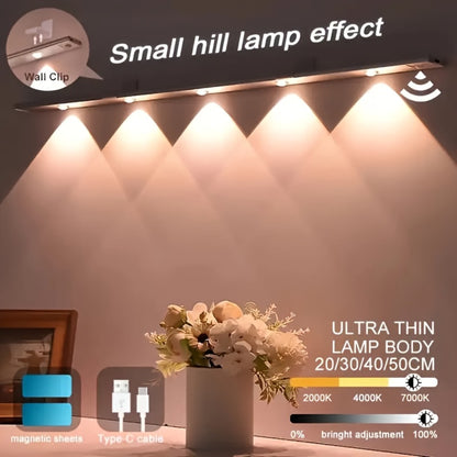 Motion Sensor Cabinet LED Strip Light USB Rechargeable 1400mAh - 3 Color Dimmable Wireless PIR Auto On Off 4 Sizes for Kitchen Wardrobe Wine Cabinet Shoe Cabinet Closet Bedroom Night Light