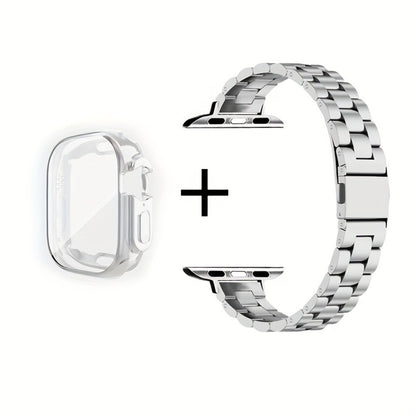 Slim Waist Apple Watch Steel Band & Half Shell Case 3-Piece Set – 2 Stainless Steel Bands + Protective Case Compatible with Apple Watch Series 1–9 SE Ultra 38 40 41 42 44 45 49mm – Gold Silver Rose Black