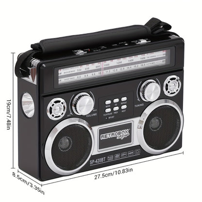 Solar Powered Bluetooth Radio Retro Portable AM FM SW with LED Flashlight, TF SD USB AUX MP3 Playback, Telescopic Antenna & Leather Handle for Camping Emergency Outdoor