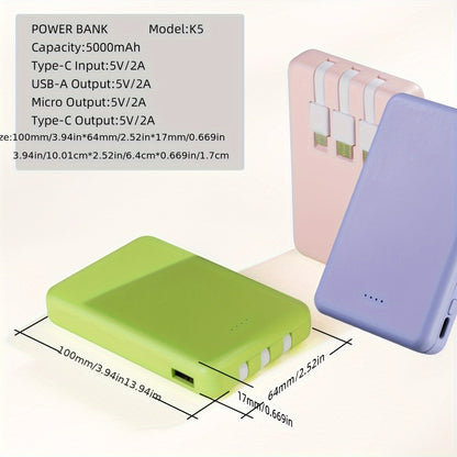 Slim Power Bank 5000mAh / 10000mAh with Built-in USB-C Cable, Charges 4 Devices Simultaneously, LED Indicator – Ultra-Compact Portable Charger for iPhone, Android, Travel, Everyday Carry