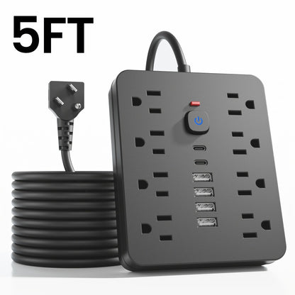 14-in-1 Wall-Mountable Power Strip with Surge Protector – 8 AC Outlets & 6 USB Ports (2 USB-C), Flat Plug Space-Saving Extension Cord, Overload Protection for Home School Office, 5ft or 10ft