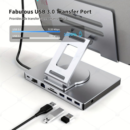 iPad Phone Rotating Stand Docking Station – 4K 60Hz HDMI, Gigabit Ethernet, 100W PD, USB 3.0 Hub, SD/TF Card Reader, Audio Jack – Multi-Screen Home Office for iPad Pro & Smartphones