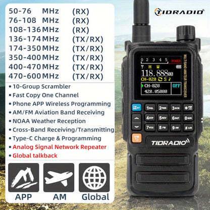 Tidradio H3 Plus Ham Radio Multi-Band Two-Way Radio, AM/FM Reception, Wireless Headset Compatible, Global Intercom via App, Long Range Walkie Talkie for Camping Emergency Outdoor Communication