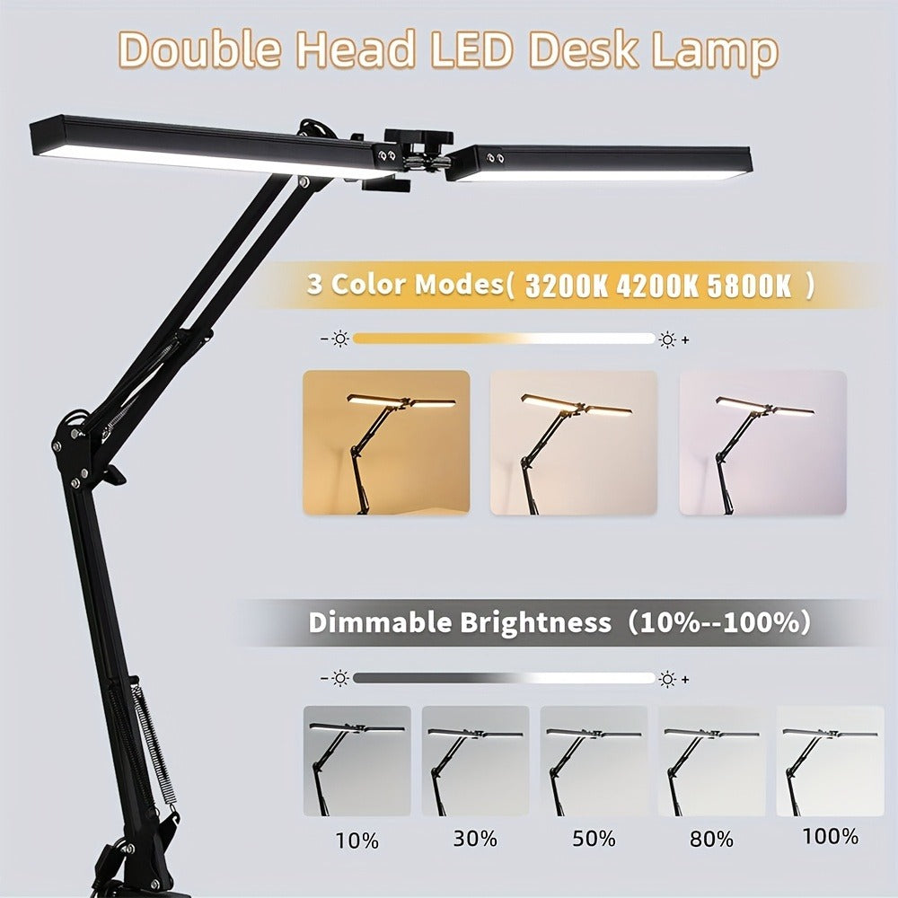 Dual Head Clamp Desk Lamp USB Powered – 2X Brighter Swing Arm LED Light, 3 Color Modes & 10 Brightness Levels for Dual Monitors, Drafting, Workbench & Home Office, Black