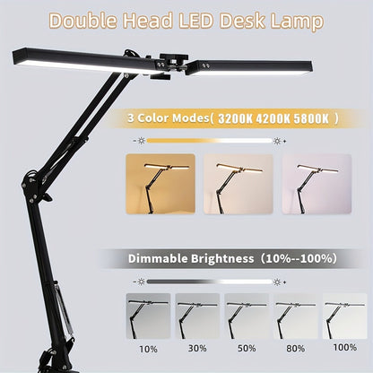 Dual Head Clamp Desk Lamp USB Powered – 2X Brighter Swing Arm LED Light, 3 Color Modes & 10 Brightness Levels for Dual Monitors, Drafting, Workbench & Home Office, Black