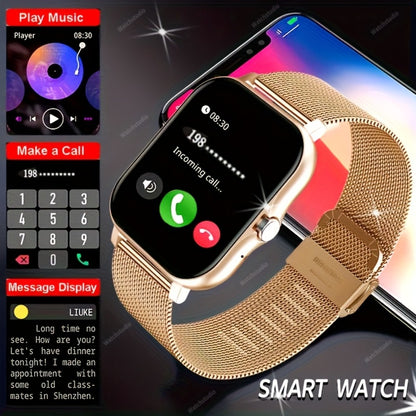 Gift Smartwatch Metal Strap – Wireless Calling, Music Player, App Notifications, Sports Mode, USB Rechargeable – Elegant Watch Gift for Women & Men Pink Black Silver Gold Android & iPhone
