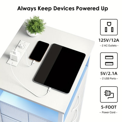 Nightstand with Charging Station & LED Light – USB Ports Outlets Fabric Drawers | PU or Clear Acrylic Desktop | 1pc or 2pcs Matching Set | Smart Bedside Table for Bedroom Dorm Student Room Black White